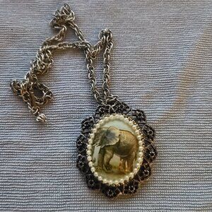 Hand-painted elephant "Cameo" necklace pin. Estate item, no mark. Safari Artisan